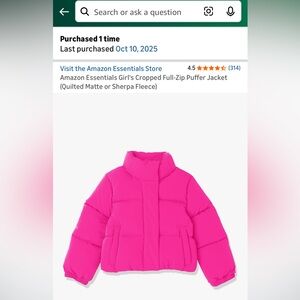 Medium girls hot pink puffer coat. Never worn, missed the return window.